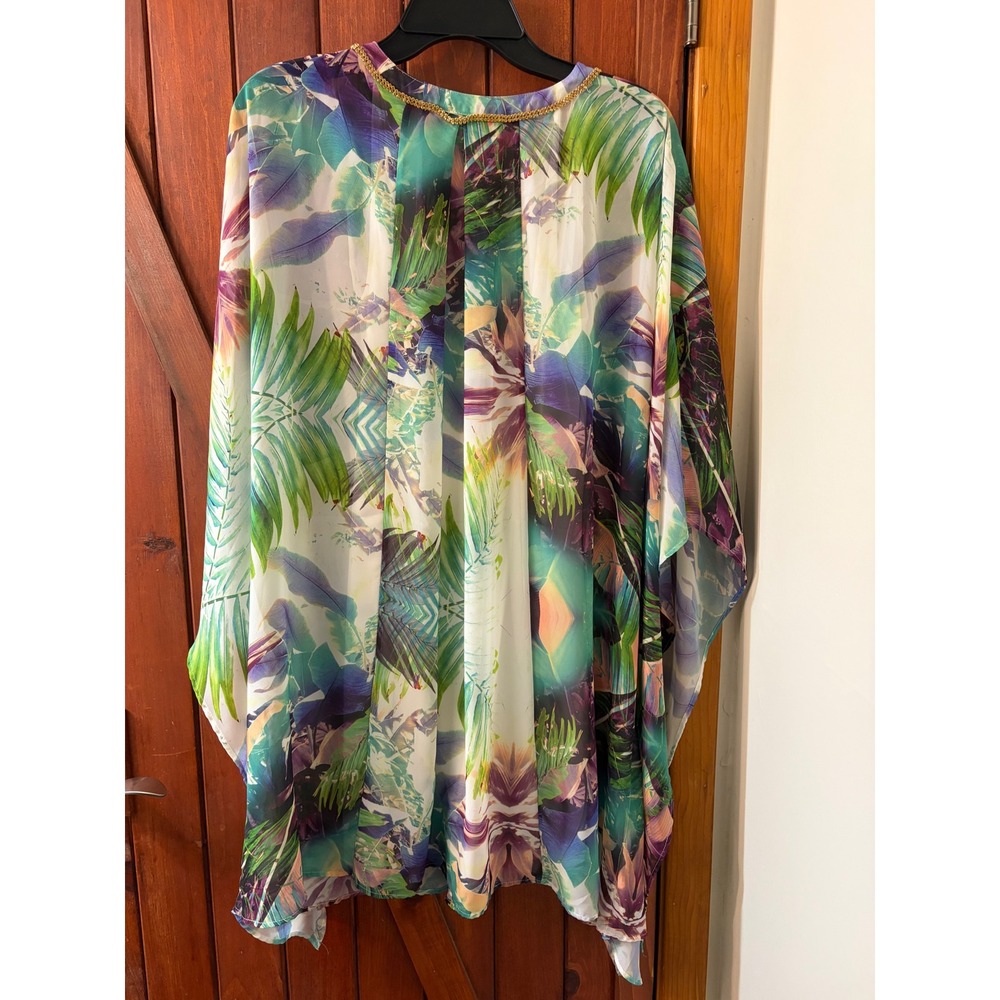 Jennifer Lopez Tropical Floral Kaftan Tunic Top Green Purple Gold Chain V-Neck S - Picture 2 of 3